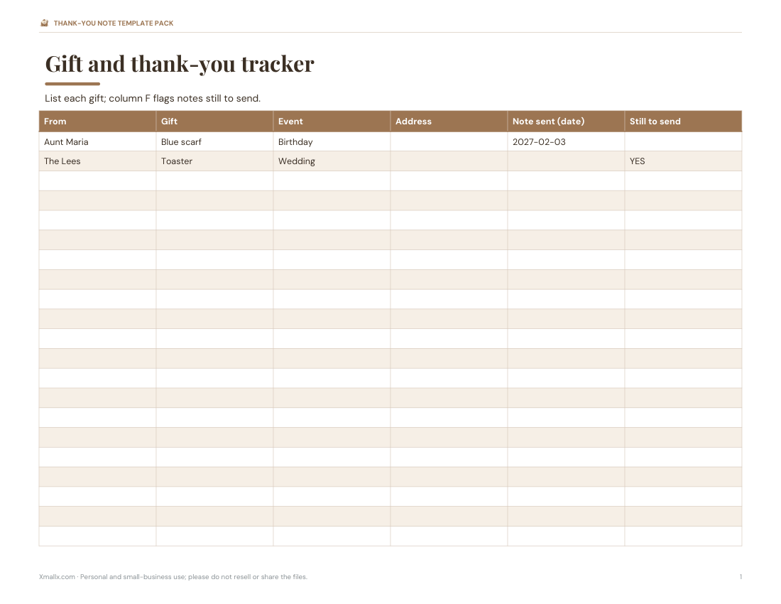 Preview of the first page of Gift tracker (XLSX)